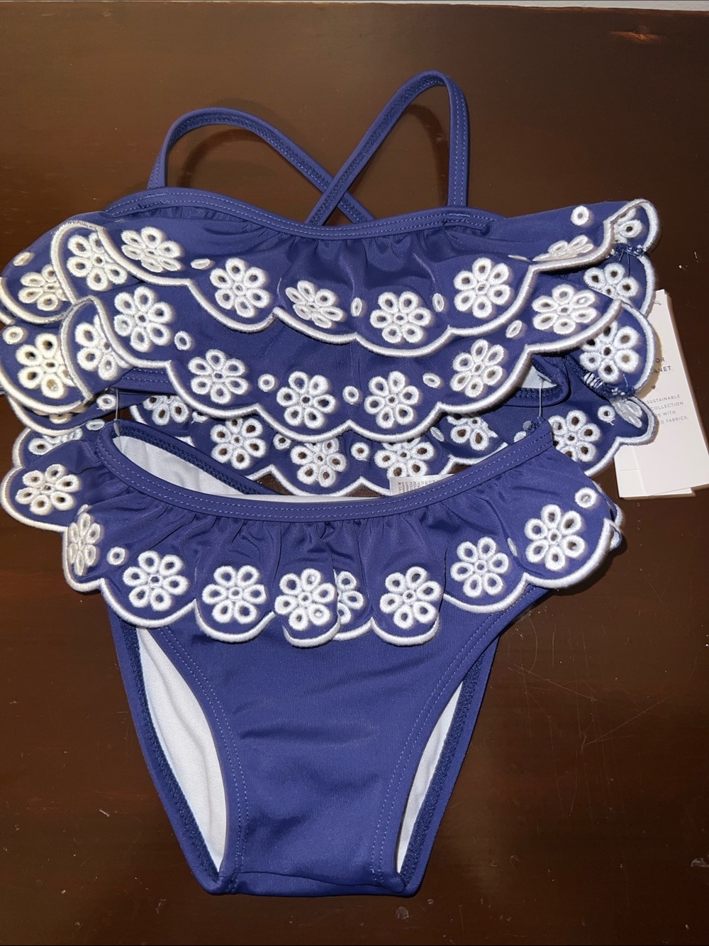 Janie and Jack Navy Blue Two-Piece Swimsuit with White Floral Embroidery